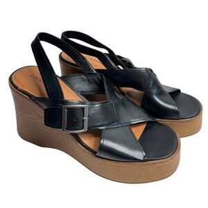 Lucky Brand Sandals Size 7.5 Black Wedge Leather Open Toe Slingback